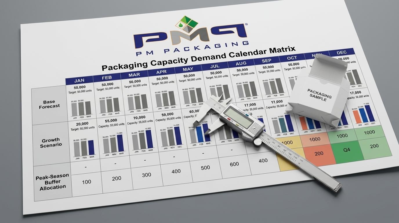 Packaging capacity demand calendar matrix comparing base forecasts against growth scenarios and peak-season buffer allocations with PM Packaging logo