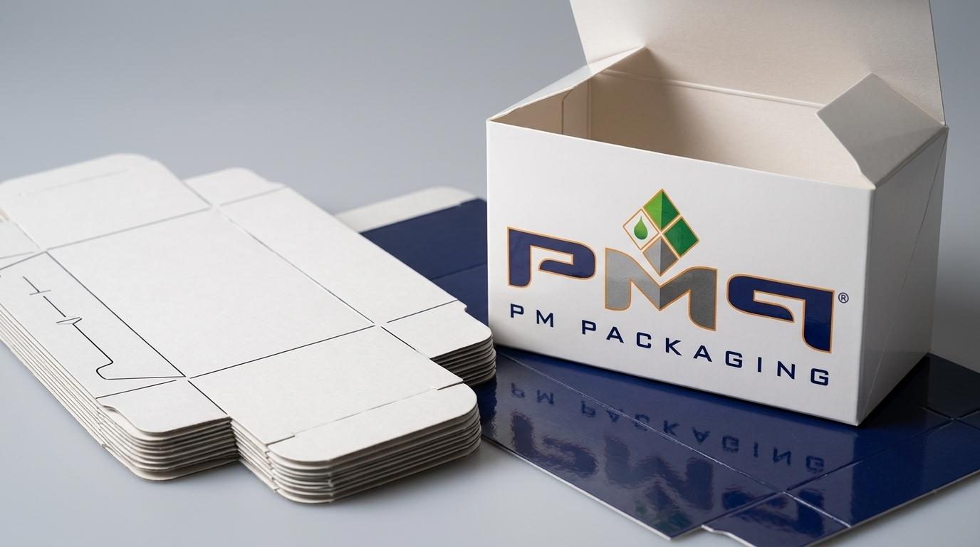 Custom paperboard folding carton blanks and specialty spot gloss finish samples with PM Packaging logo