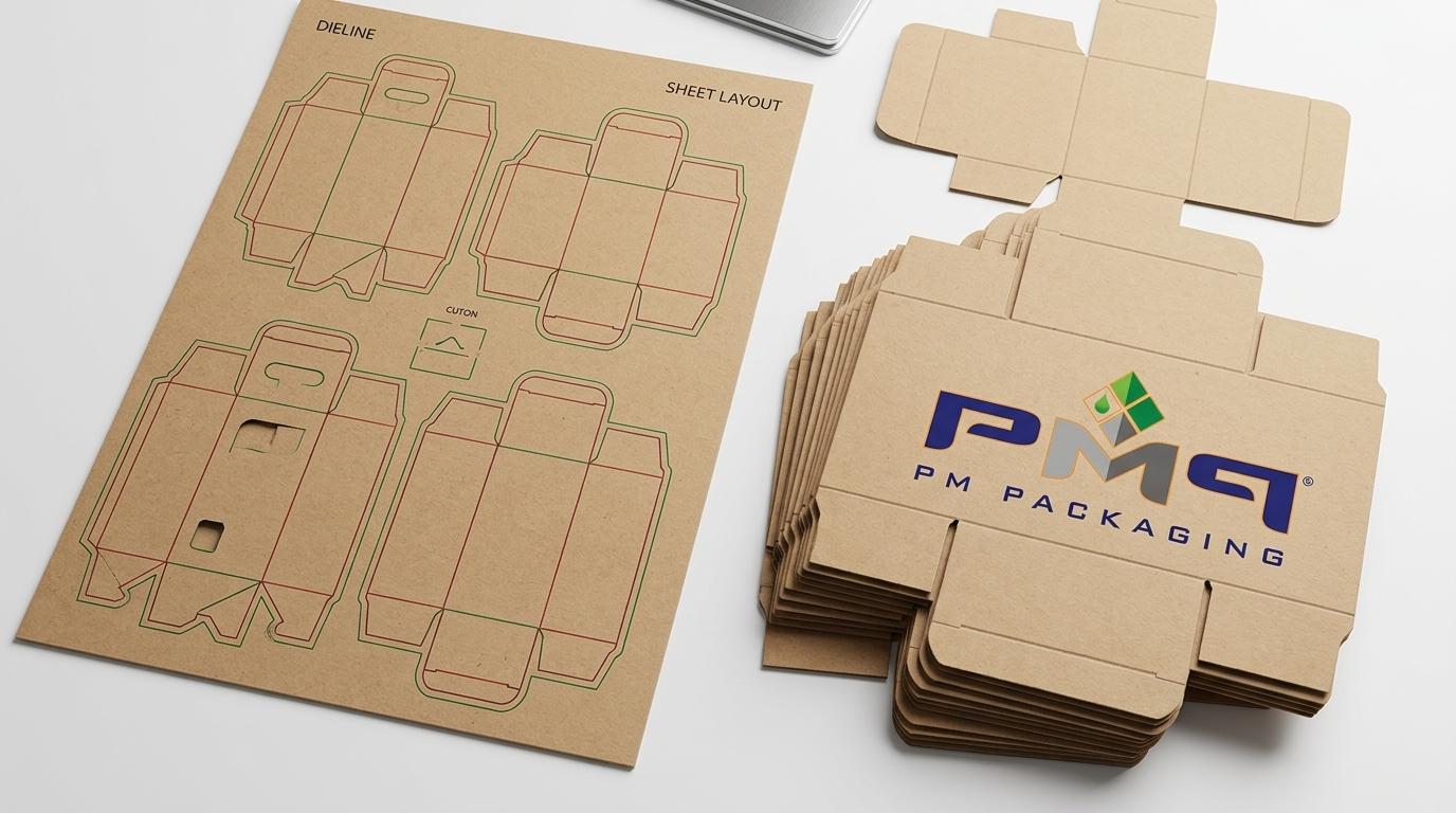 Optimized paperboard sheet layouts, consolidated cutting die dielines, and flat carton blanks with PM Packaging logo