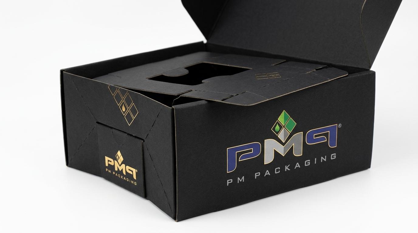 High-end luxury packaging box featuring PM Packaging branding