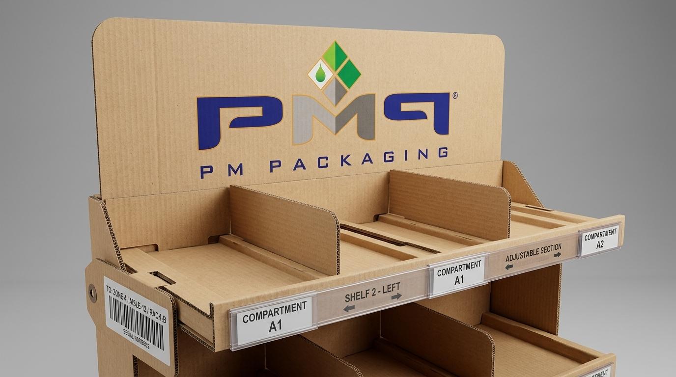 Corrugated retail display shelf showing adjustable product dividers, tray compartment labels, and barcode routing tags with PM Packaging logo