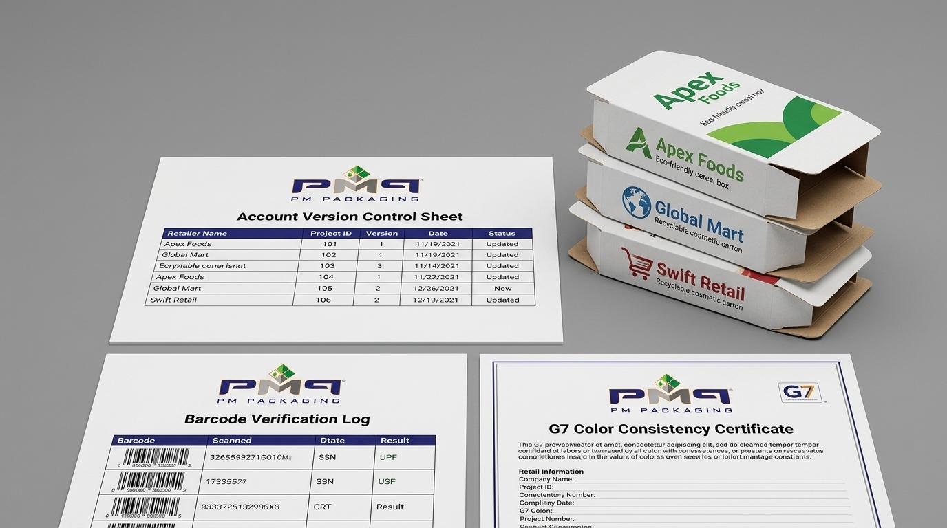 Retailer-specific barcode verification log, account version control sheet, and G7 color consistency certificate with PM Packaging logo