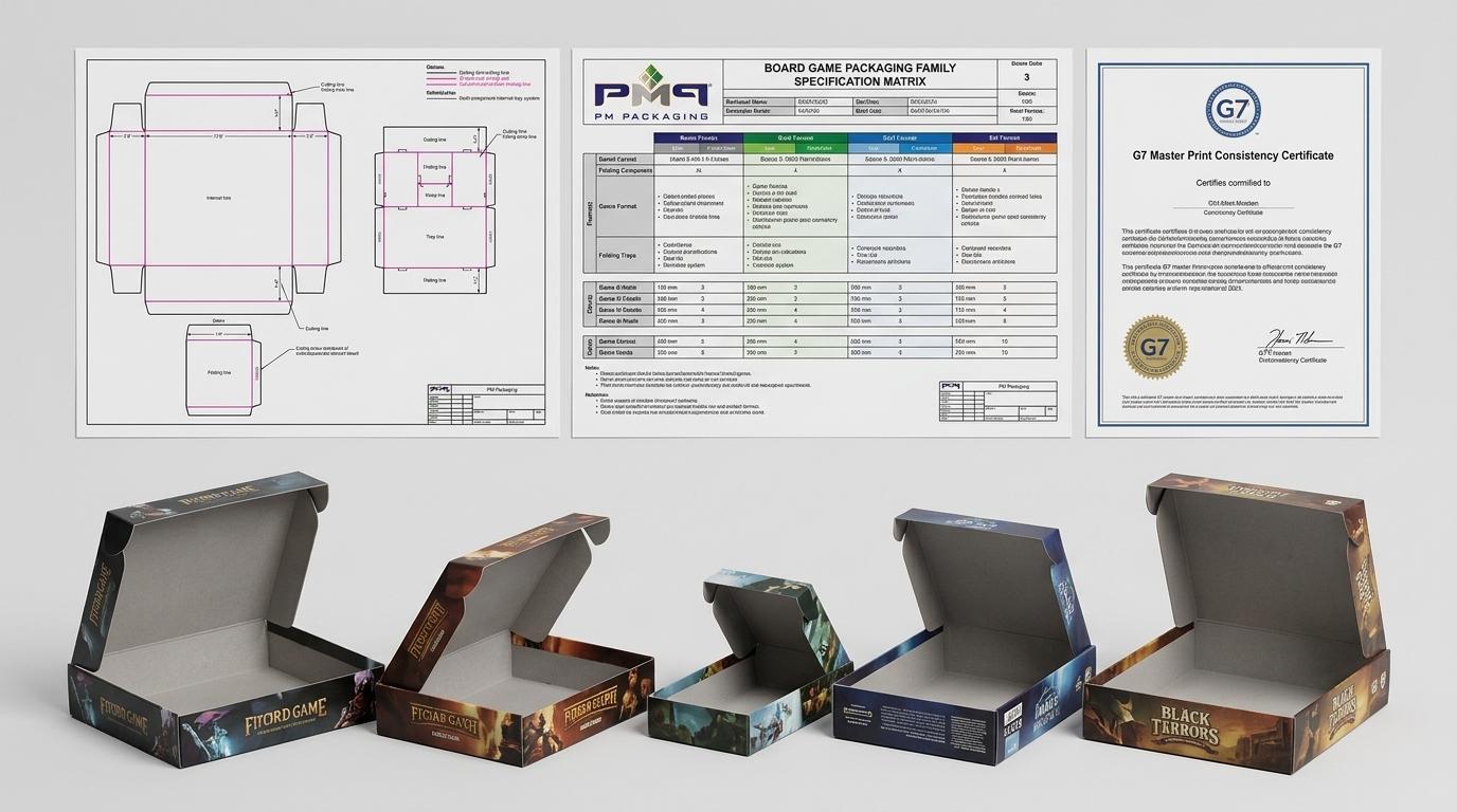 Board game packaging family specification matrix, multi-component interior tray dieline sheet, and G7 Master print consistency certificate with PM Packaging logo