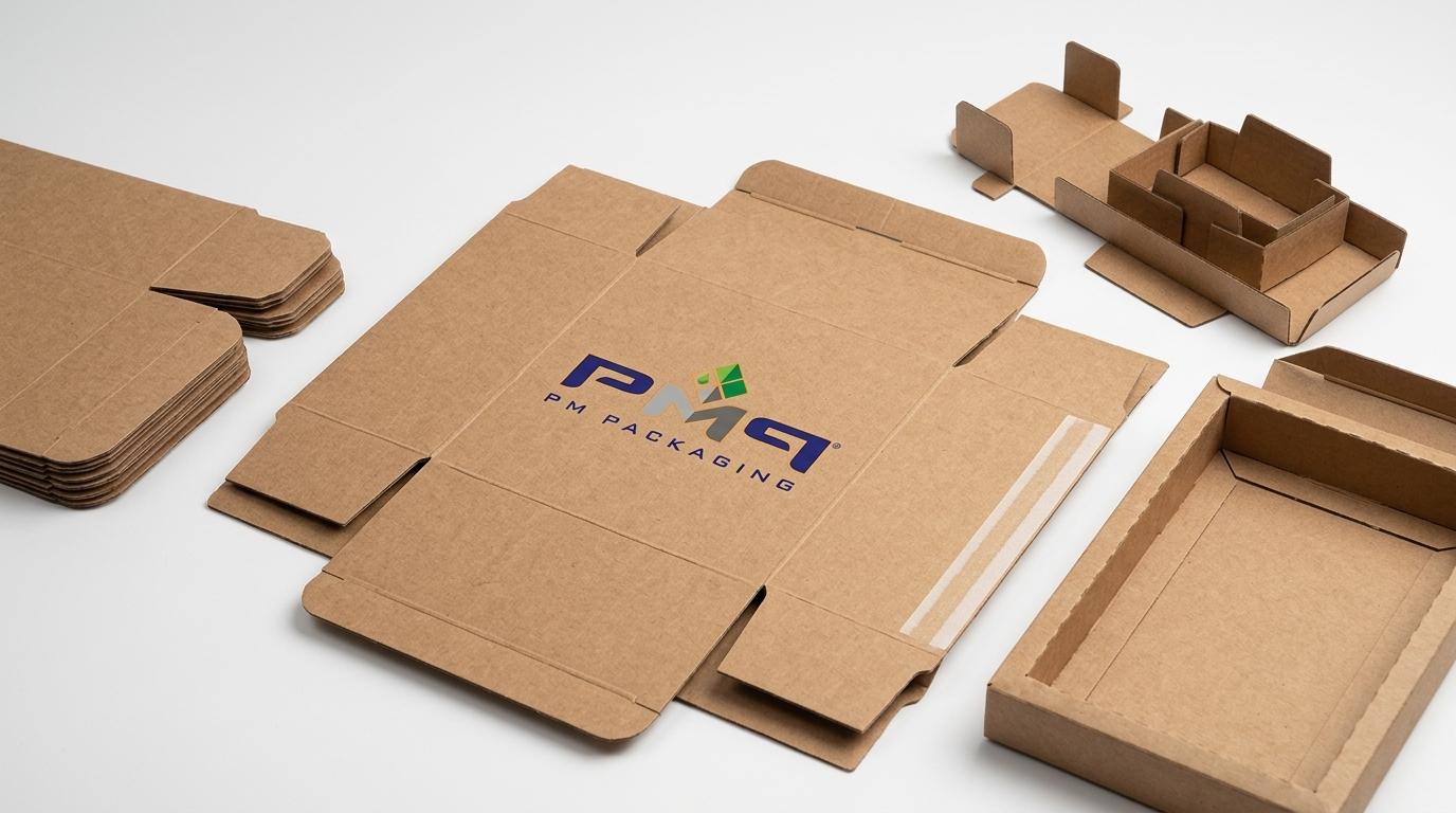 Custom paperboard folding carton blanks, precision die-cut structures, and auto-bottom glue seams with PM Packaging logo