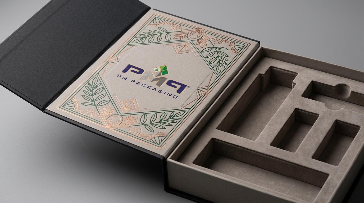 Open book-style rigid box with hinged spine opened to reveal interior cover graphics and custom paperboard insert with PM Packaging logo