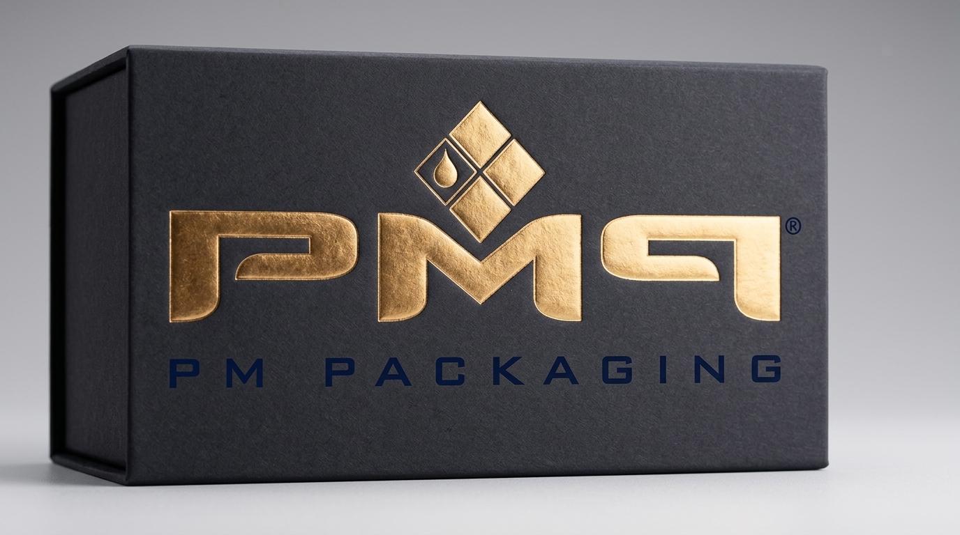 Luxury rigid box lid showing metallic gold foil stamping registered over raised embossing on soft-touch matte black surface with PM Packaging logo
