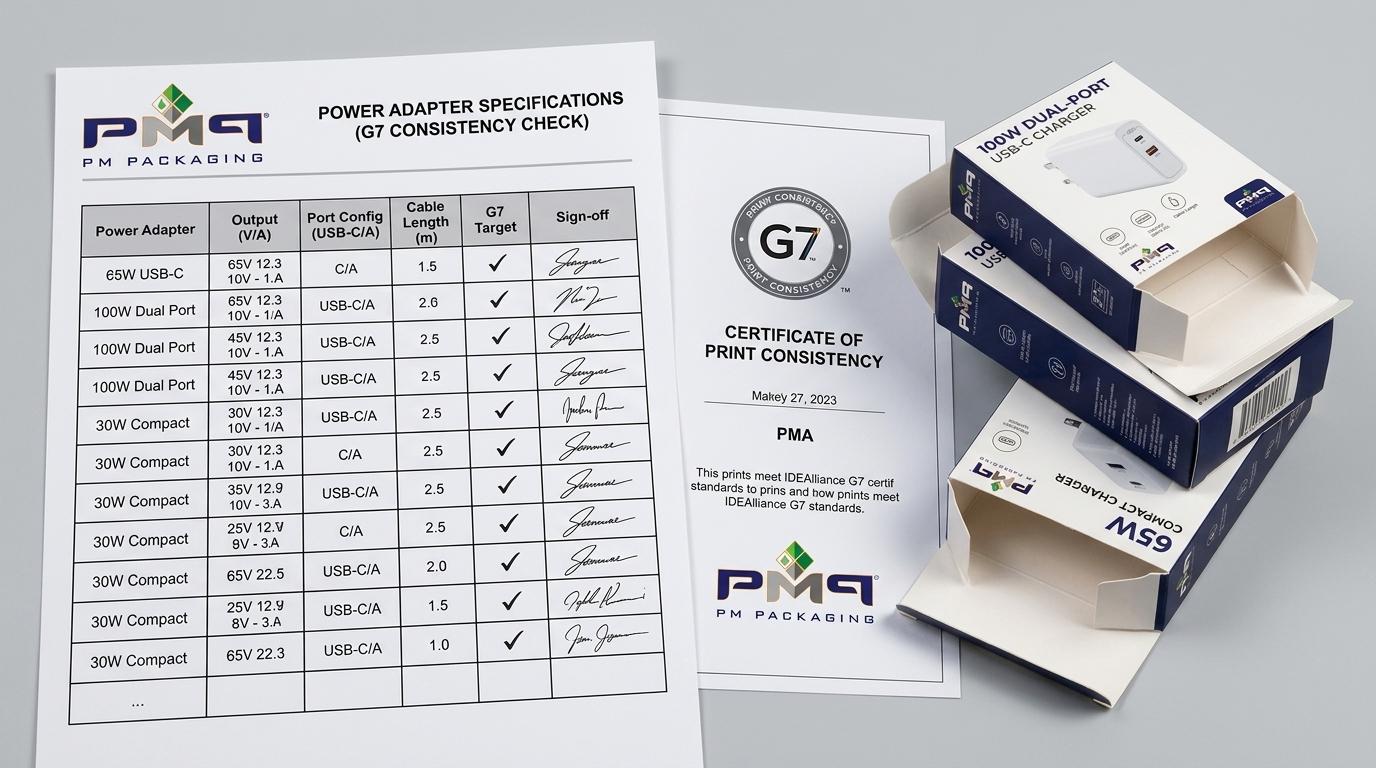 Power adapter wattage and cable length specification matrix, multi-port USB-C connector sign-off sheet, and G7 Master print consistency certificate with PM Packaging logo