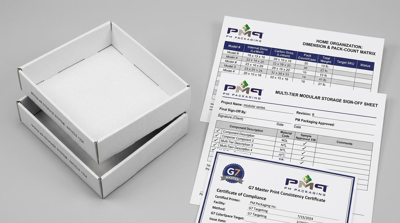 Home organization dimension and pack-count specification matrix, multi-tier modular storage sign-off sheet, and G7 Master print consistency certificate with PM Packaging logo