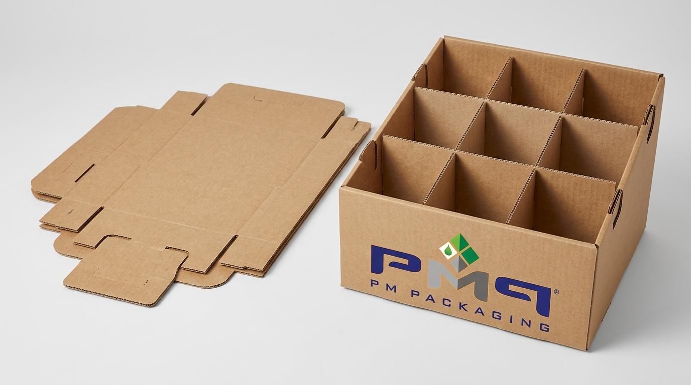 Corrugated SFL PDQ display tray dieline blank alongside an erected retail PDQ tray with PM Packaging logo