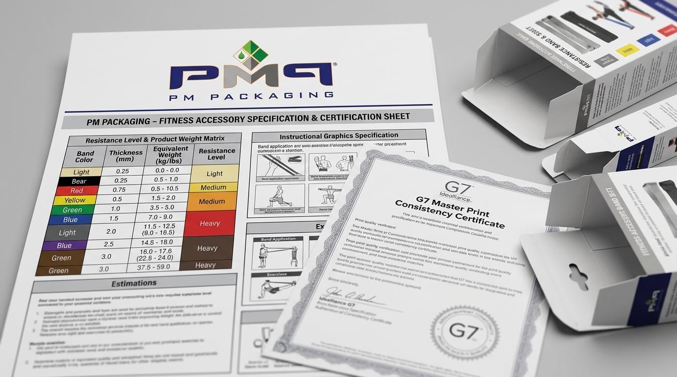 Fitness accessory resistance level and product weight matrix, instructional graphics specification sheet, and G7 Master print consistency certificate with PM Packaging logo