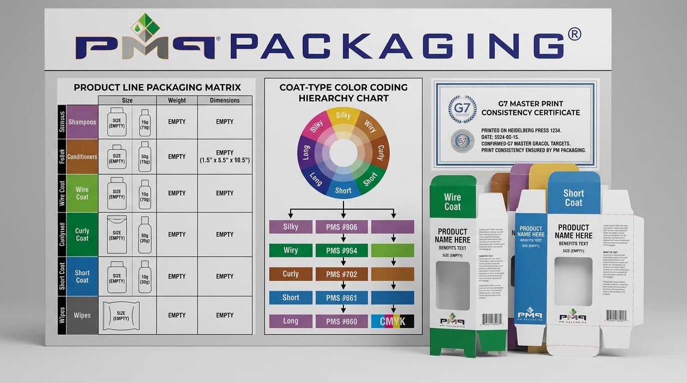 Pet grooming product line packaging matrix, coat-type color coding hierarchy chart, and G7 Master print consistency certificate with PM Packaging logo