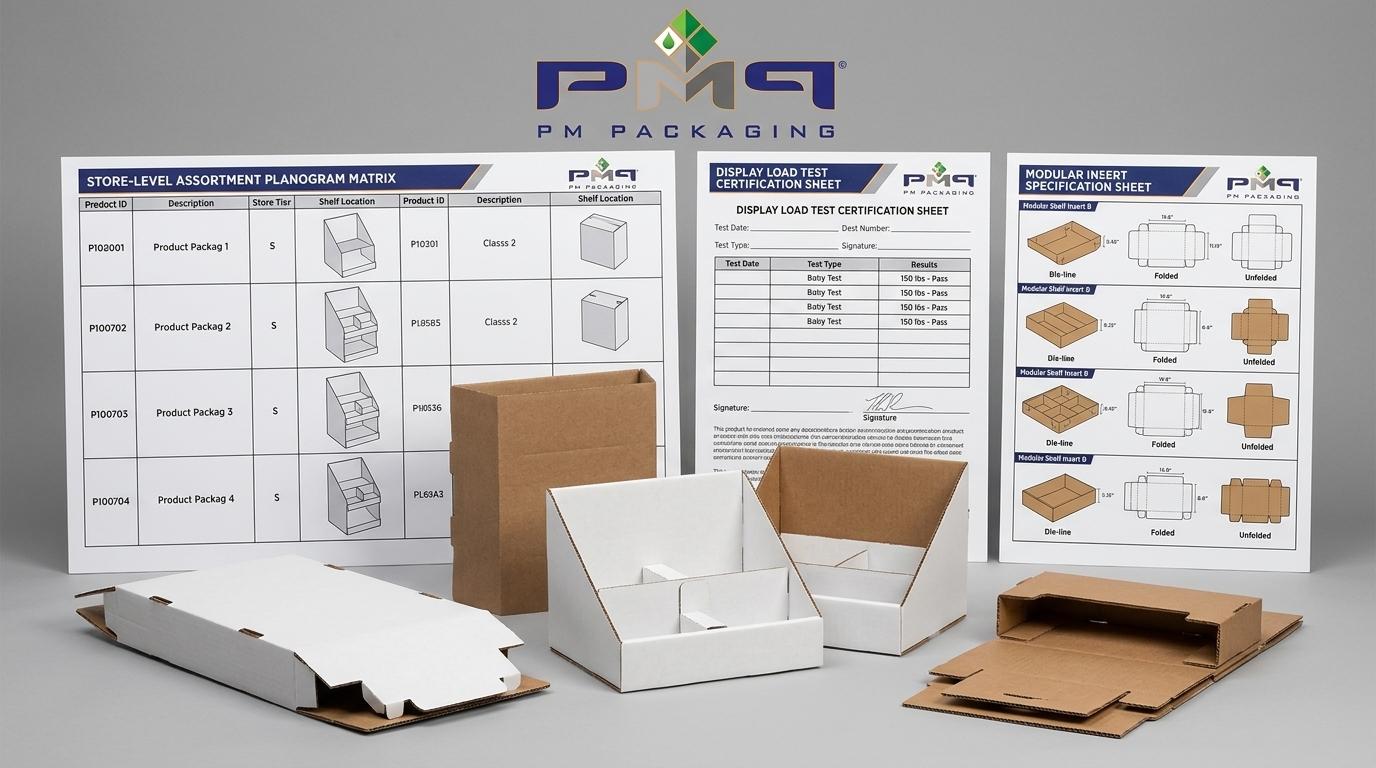 Store-level assortment planogram matrix, display load test certification sheet, and modular insert specification sheet with PM Packaging logo