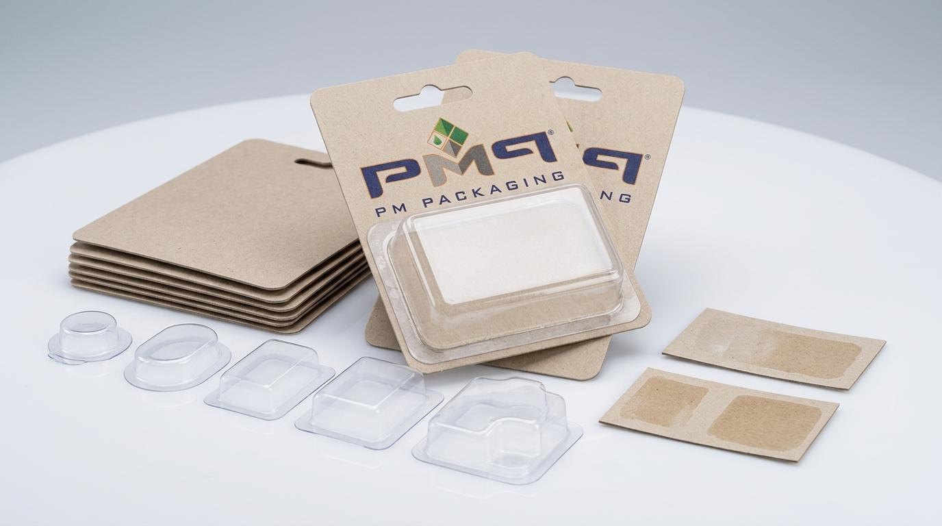Custom paperboard blister cards, thermoformed clear plastic blister shells, and heat-seal samples with PM Packaging logo