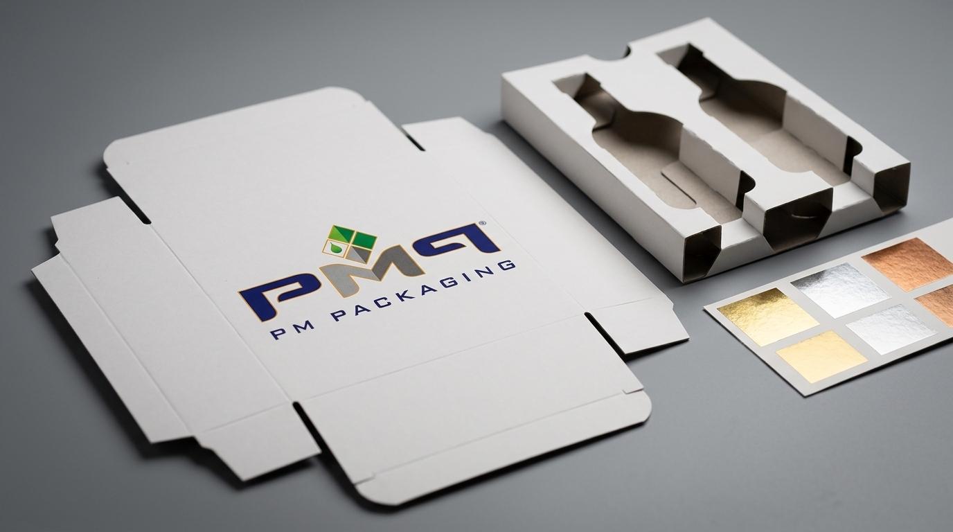 Custom paperboard folding carton blanks, glass bottle protective paperboard inserts, and spot foil samples with PM Packaging logo