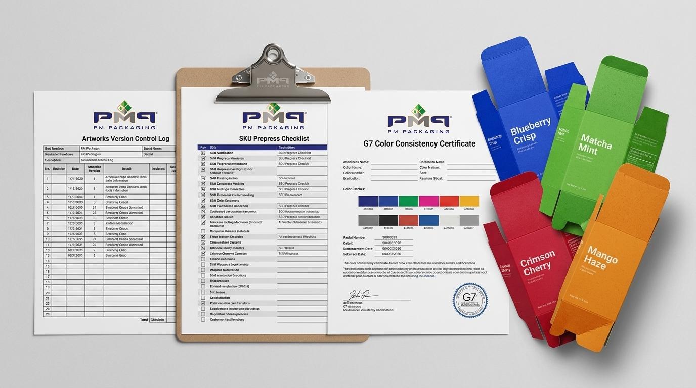 Multi-version artwork version control log, SKU prepress checklist, and G7 color consistency certificate with PM Packaging logo