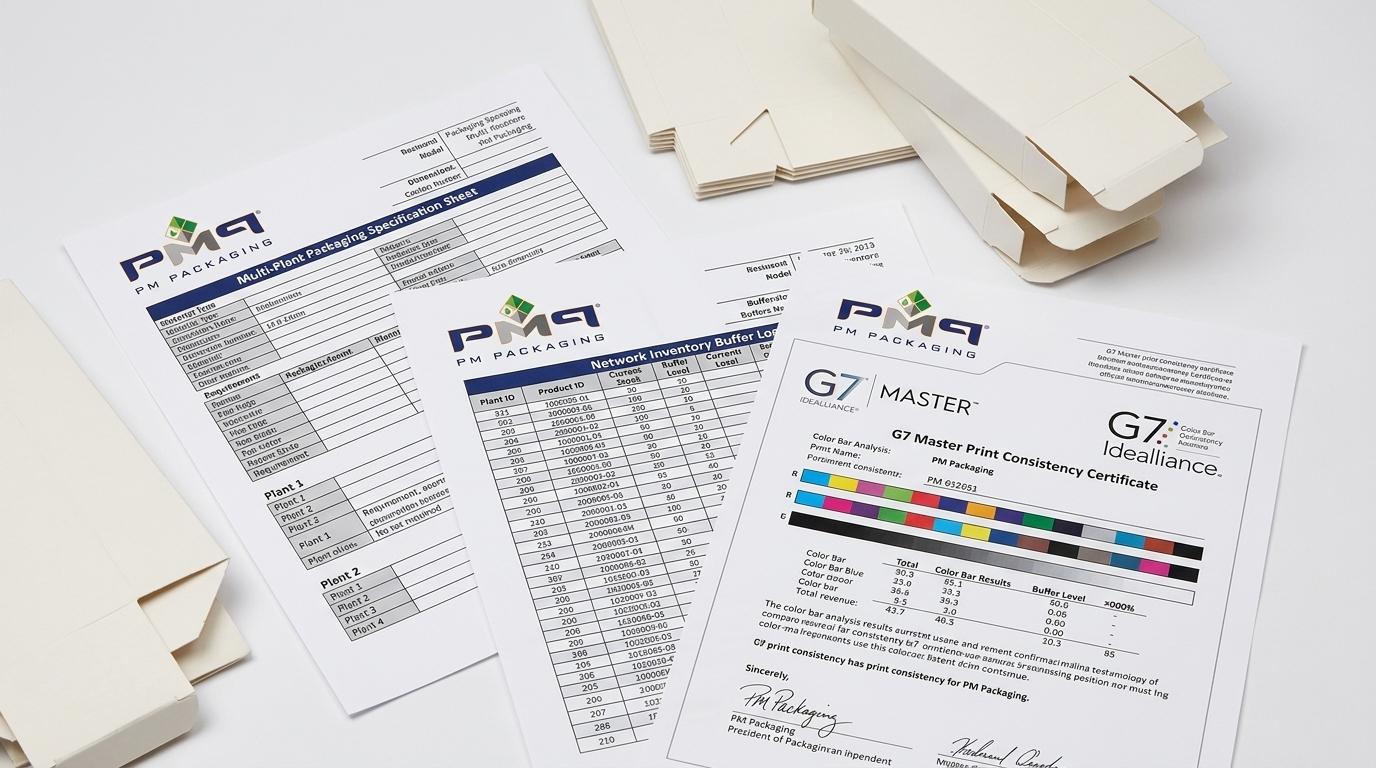Multi-plant packaging specification sheet, network inventory buffer log, and G7 Master print consistency certificate with PM Packaging logo