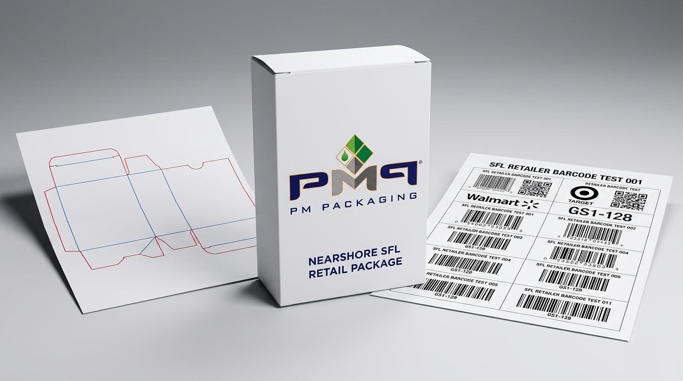Nearshore SFL retail package alongside printed folding carton dieline and barcode labeling sheet with PM Packaging logo