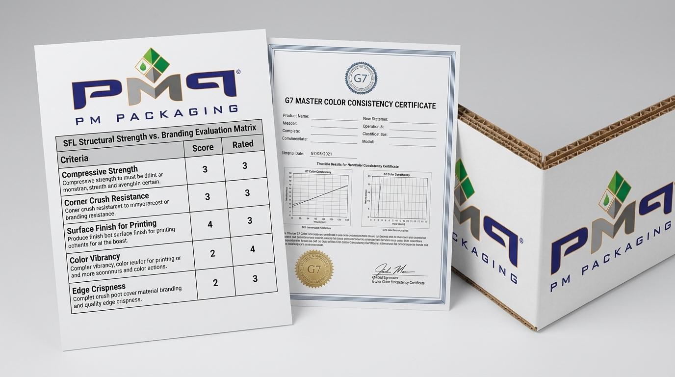 SFL structural strength vs branding evaluation matrix and G7 color consistency certificate alongside fluted box corner with PM Packaging logo