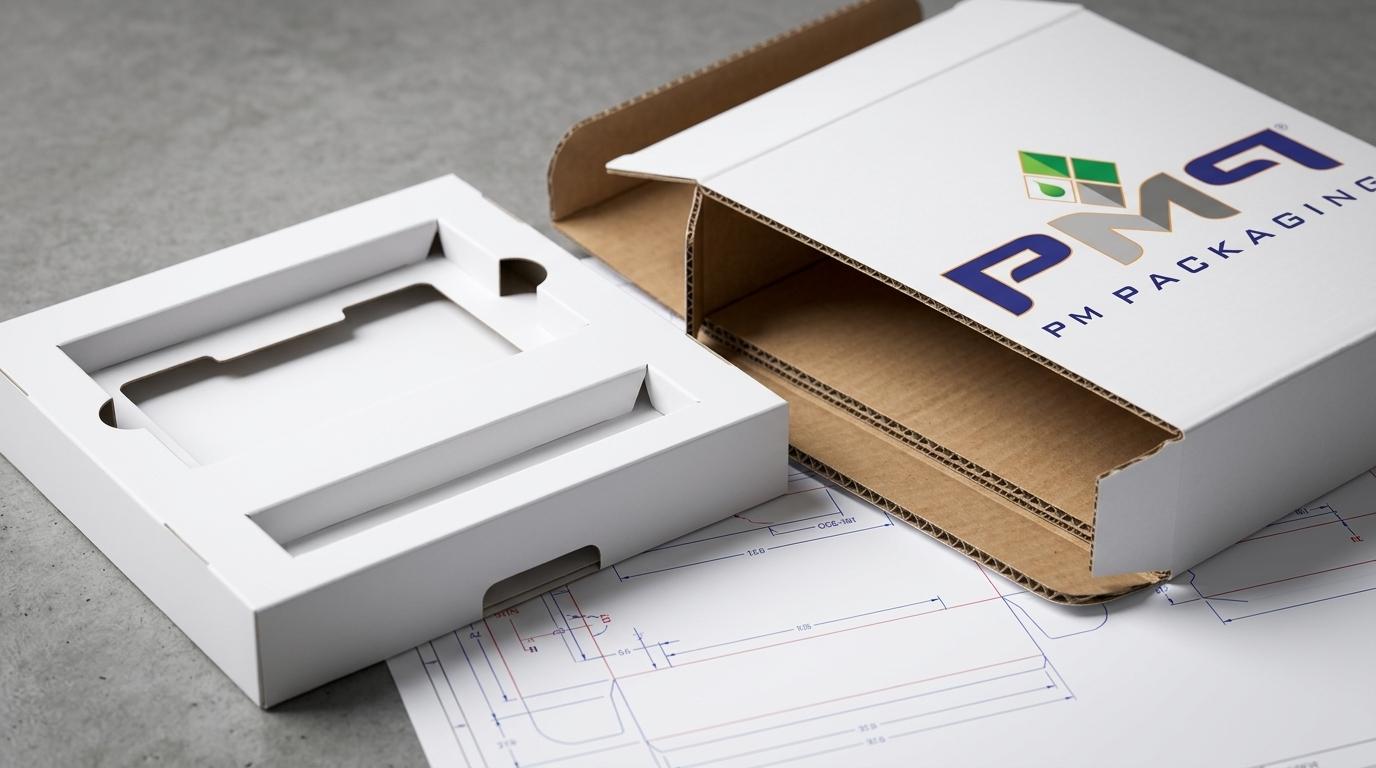 Structural packaging engineering components for smart thermostats showing precision die-cut white paperboard insert tray, open litho-laminated E-flute box, and technical CAD dieline blueprints with official PM Packaging logo