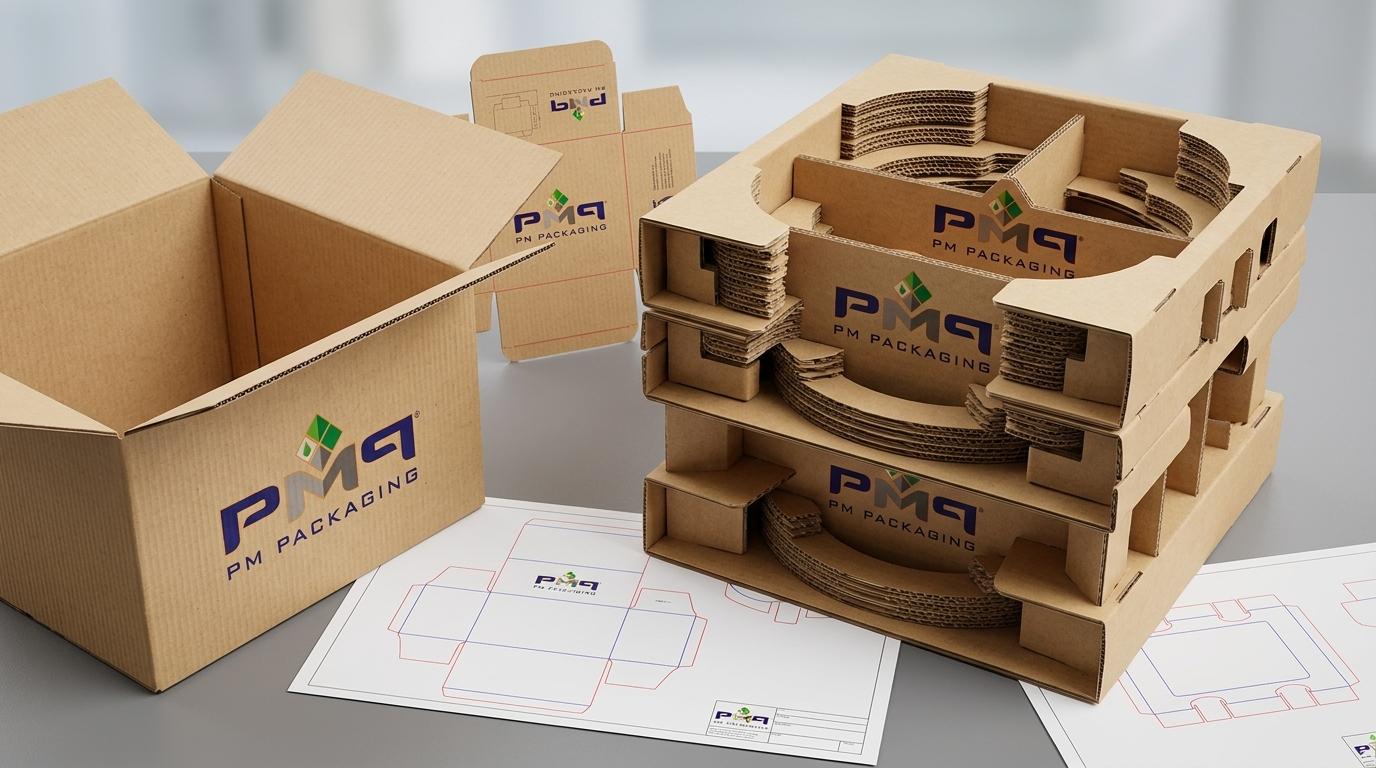 Custom die-cut fluted paperboard partition inserts, cradle dividers, and heavy-duty litho-laminated microflute box with PM Packaging branding
