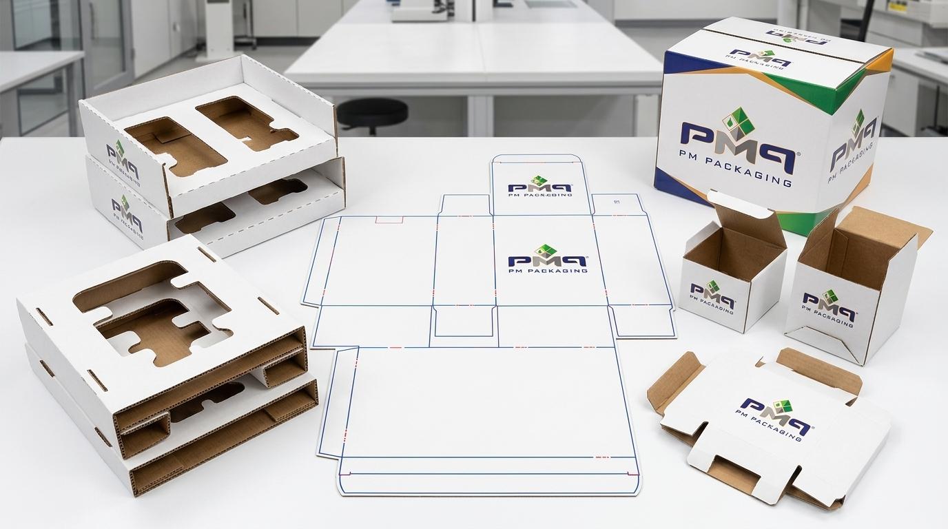 High-angle commercial packaging engineering studio layout of litho-laminated microflute packaging for robotic lawn mowers showing unfolded CAD dieline blank, multi-tiered corrugated insert suspension trays, auto-bottom accessory boxes, and assembled master carton with PM Packaging branding