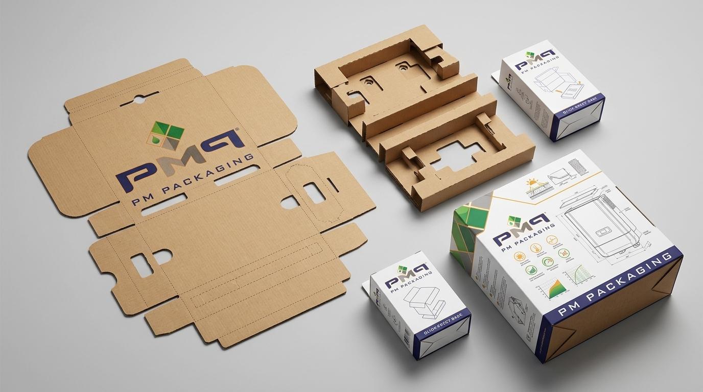 Exploded structural packaging engineering layout for residential solar inverters showcasing unfolded CAD dieline blank, multi-tiered corrugated insert suspension trays, auto-bottom accessory cartons, and litho-laminated master box with PM Packaging branding