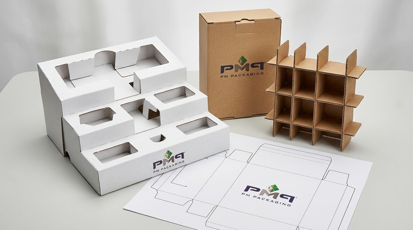 Commercial packaging engineering structures for architectural door hardware showing multi-tier recyclable paperboard suspension insert, auto-bottom carton, microflute partition grid, and CAD dieline blank with PM Packaging branding