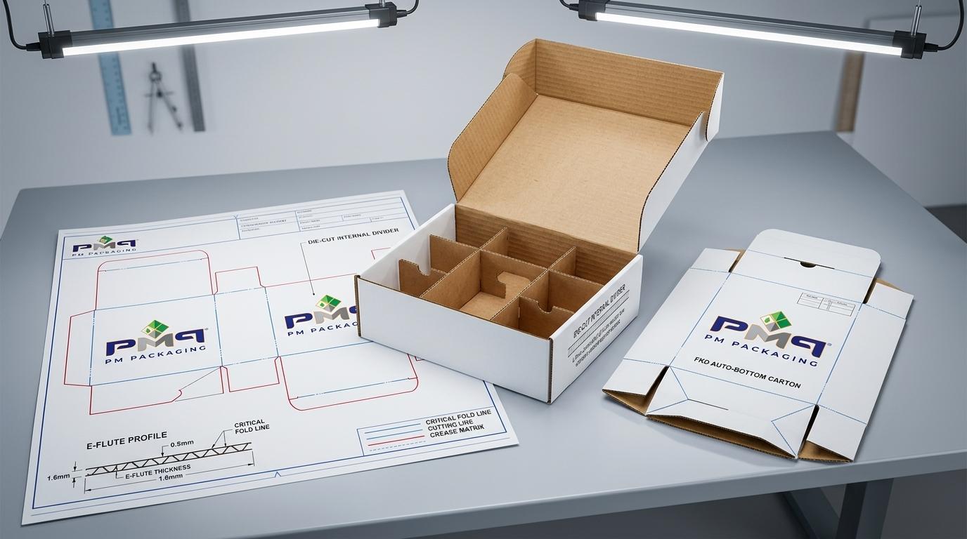 Litho-laminated SFL master box with internal die-cut partition inserts, flat-knocked-down auto-bottom carton, and structural CAD dieline blueprint featuring PM Packaging branding