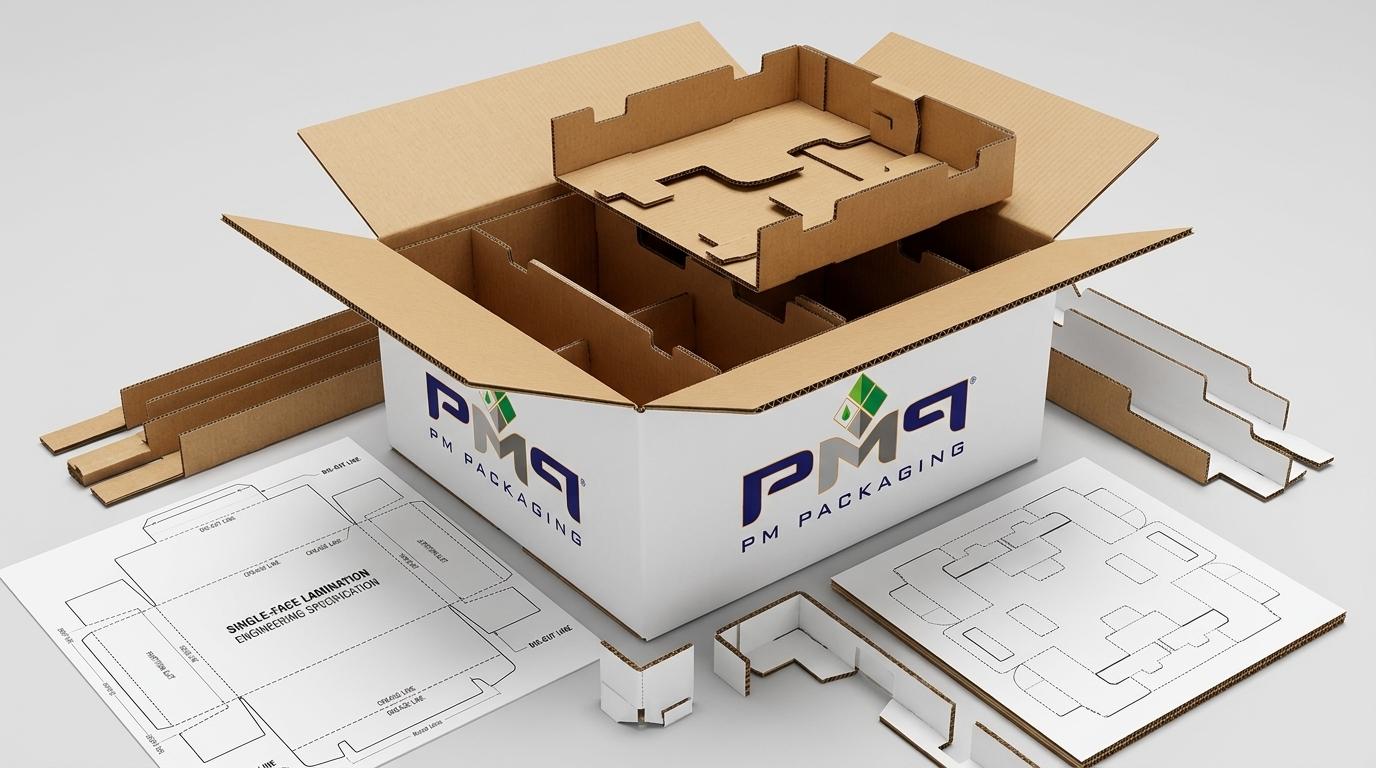 Commercial packaging engineering structures for portable outdoor pizza ovens and tabletop smokers showing multi-tier litho-laminated microflute suspension trays, partitioned compartments, corner shock buffers, and CAD dielines with PM Packaging branding