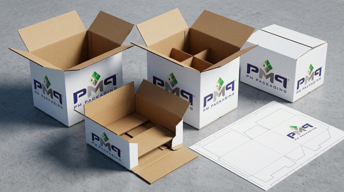 Litho-laminated single-face laminate SFL microflute packaging structural engineering details, internal suspension insert dividers, and CAD dielines with PM Packaging logo