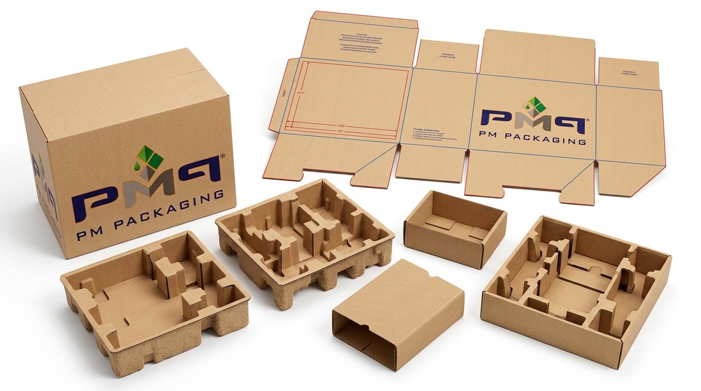 Exploded structural packaging engineering layout for commercial welding systems and plasma cutters showing unfolded CAD dieline blank, multi-tiered corrugated insert suspension trays, auto-bottom accessory boxes, and litho-laminated SFL master box with PM Packaging branding