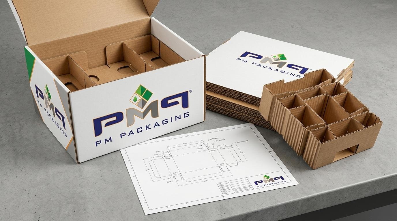Heavy-duty litho-laminated SFL packaging structures, multi-compartment internal corrugated inserts, flat-knocked-down cartons, and precision CAD dieline blueprint featuring official PM Packaging branding