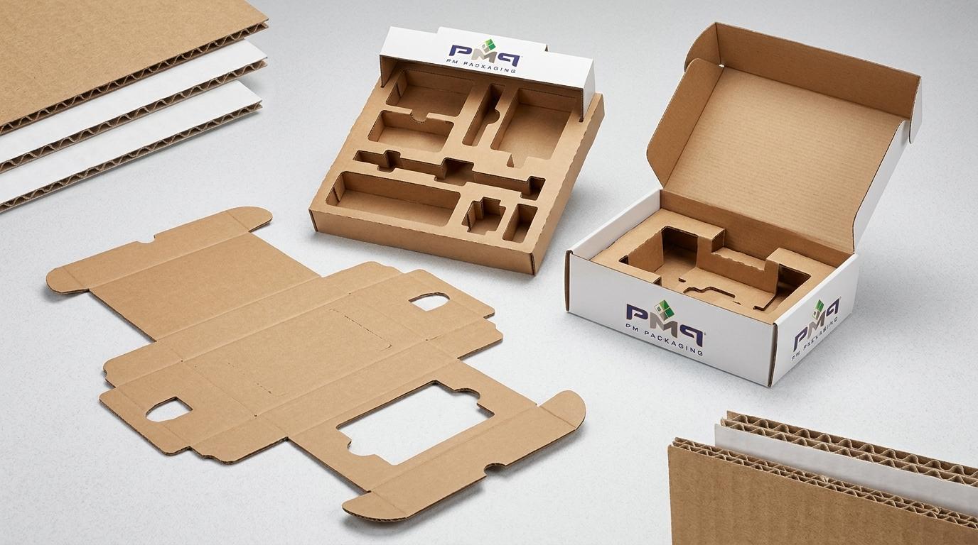 Heavy-duty marine trolling motor packaging structural engineering components including flat CAD dieline blank, multi-tier corrugated insert suspension tray with accessory cavities, and open microflute box with PM Packaging branding