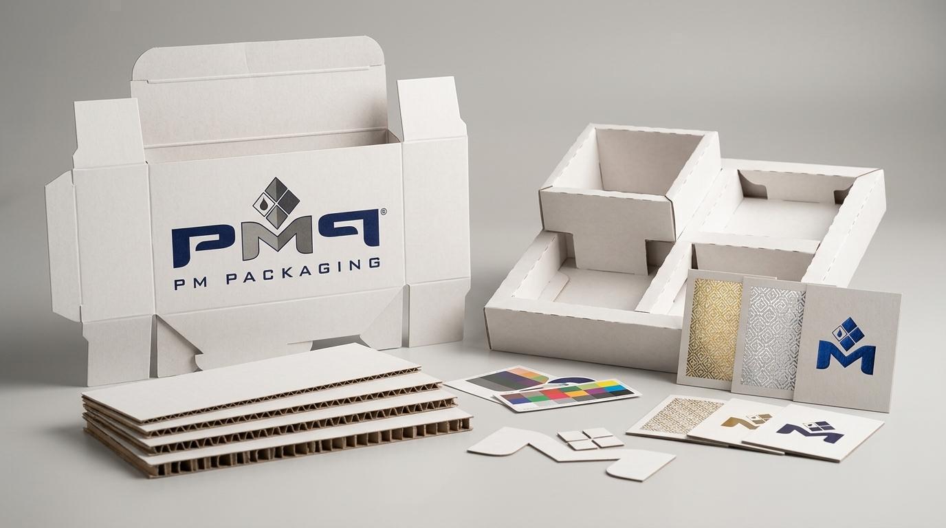 Custom paperboard dielines, SFL flute layers, modular paperboard insert platforms, and spot foil finish samples with PM Packaging logo