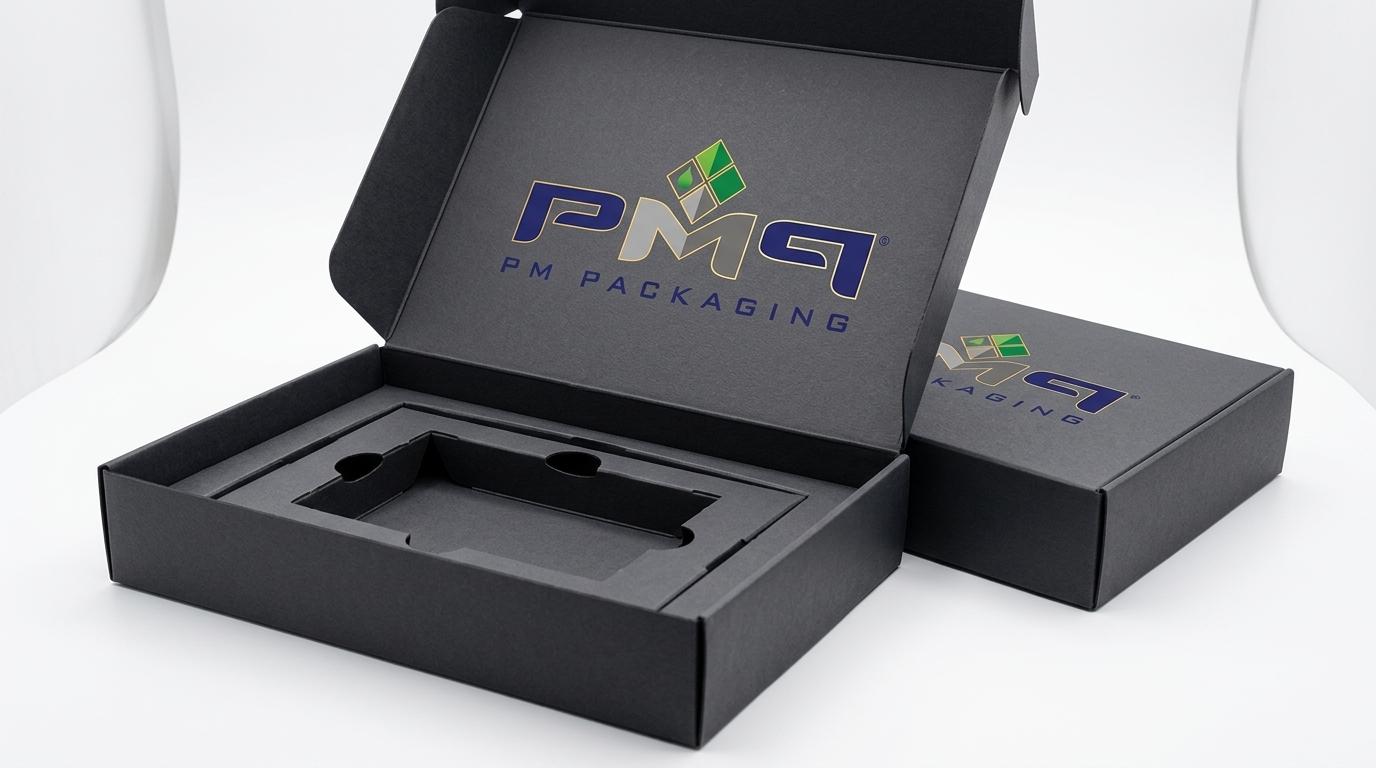 Luxury retail packaging box display for national launch with PM Packaging logo