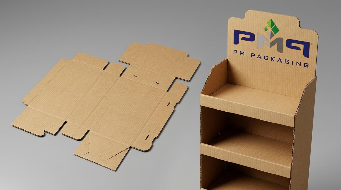 Corrugated SFL floor display structural shelf tray dieline blank alongside an erected multi-tier floor display unit with PM Packaging logo
