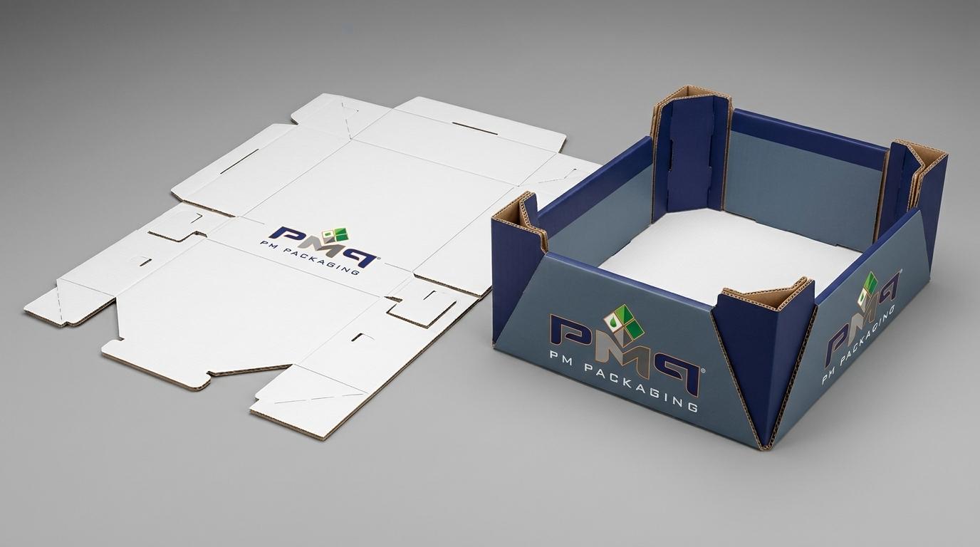 Precision CAD dieline flat blank alongside an assembled litho-laminated microflute club store packaging tray with reinforced corner posts featuring PM Packaging branding