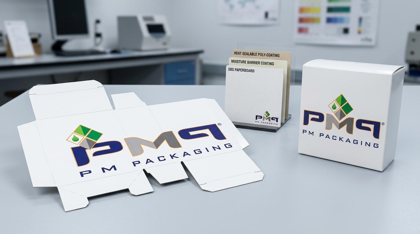 Moisture-resistant barrier folding carton engineering showing flat CAD dieline blank with glue knockout zones, SBS paperboard substrate swatches, and assembled freezer carton with PM Packaging logo