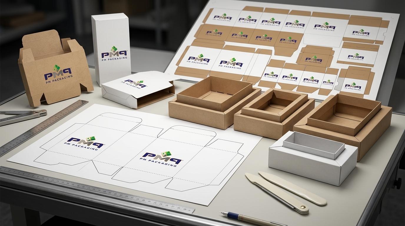 Commercial packaging engineering studio shot highlighting multi-SKU dieline harmonization, flat CAD folding carton dieline templates, modular paperboard insert trays with swappable nesting collars, and large-format lithographic gang-run press sheets featuring PM Packaging branding