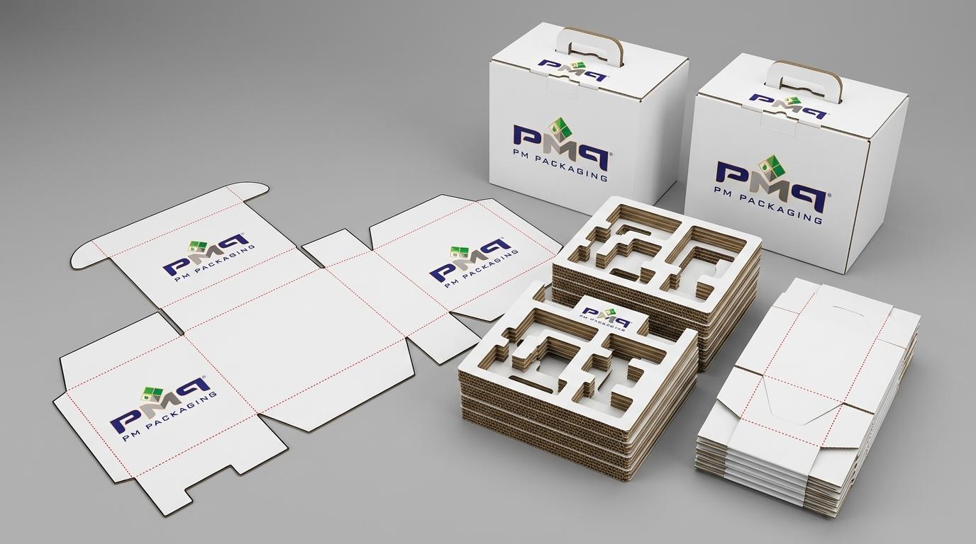 Commercial packaging engineering studio layout of litho-laminated microflute drone packaging showing unfolded CAD dieline blank, multi-tiered corrugated insert suspension trays, auto-bottom accessory boxes, and master carrying cartons with PM Packaging branding