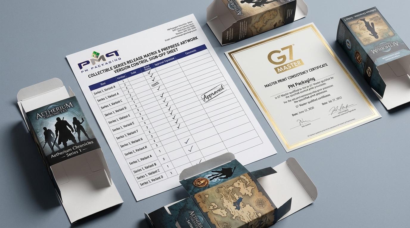 Collectible series release matrix, prepress artwork version control sign-off sheet, and G7 Master print consistency certificate with PM Packaging logo