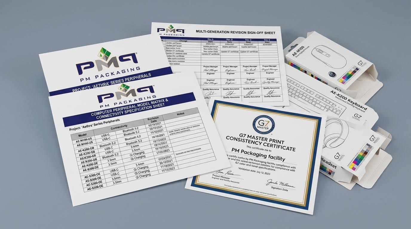 Computer peripheral model matrix and connectivity specification sheet, multi-generation revision sign-off sheet, and G7 Master print consistency certificate with PM Packaging logo