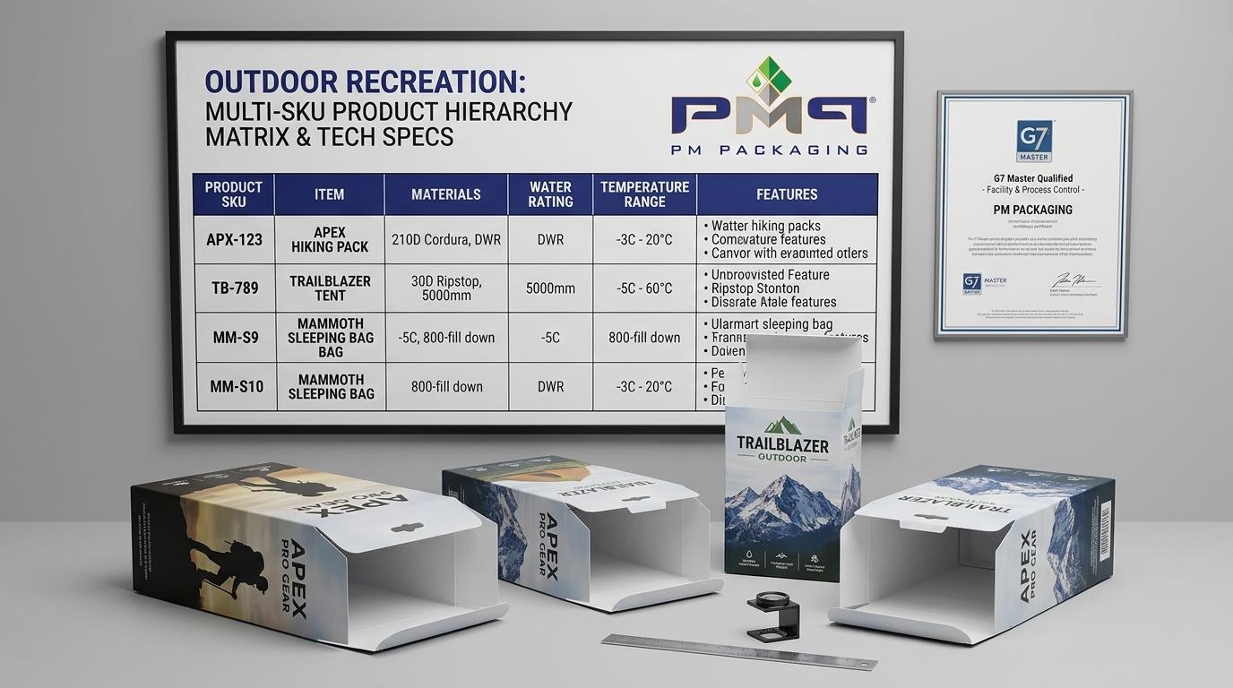 Outdoor recreation multi-SKU product hierarchy matrix, technical specifications chart, and G7 Master print consistency certificate with PM Packaging logo