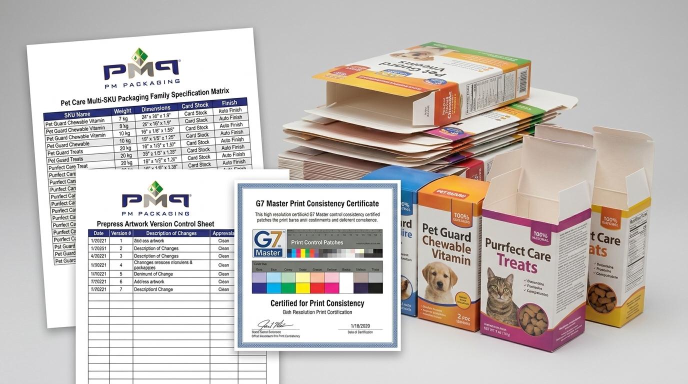 Pet care multi-SKU packaging family specification matrix, prepress artwork version control sheet, and G7 Master print consistency certificate with PM Packaging logo