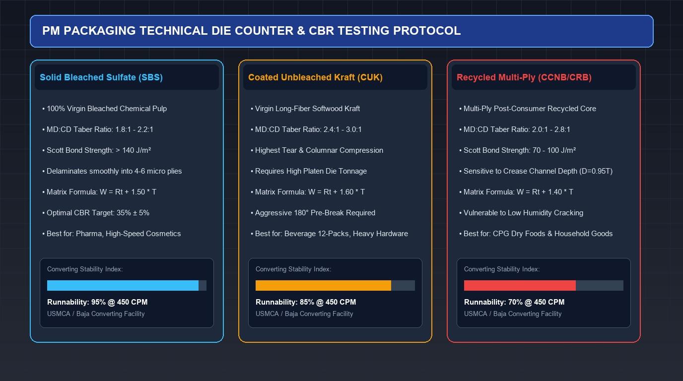 PM Packaging technical die counter and CBR testing protocol showing substrate comparisons between SBS, CUK, and CCNB