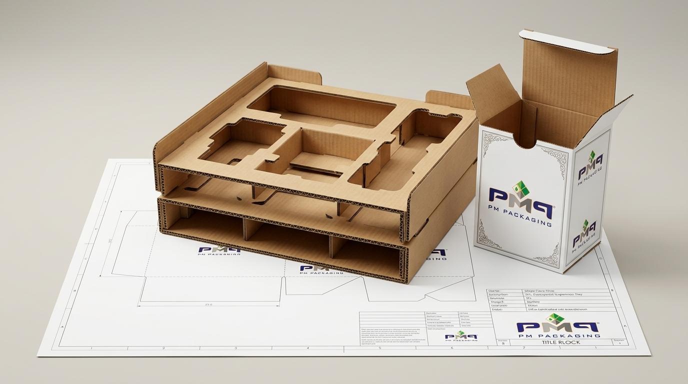 Commercial plumbing packaging engineering structures showing multi-tier corrugated insert suspension trays, auto-bottom SFL boxes, and precision structural CAD dielines with the official PM Packaging logo