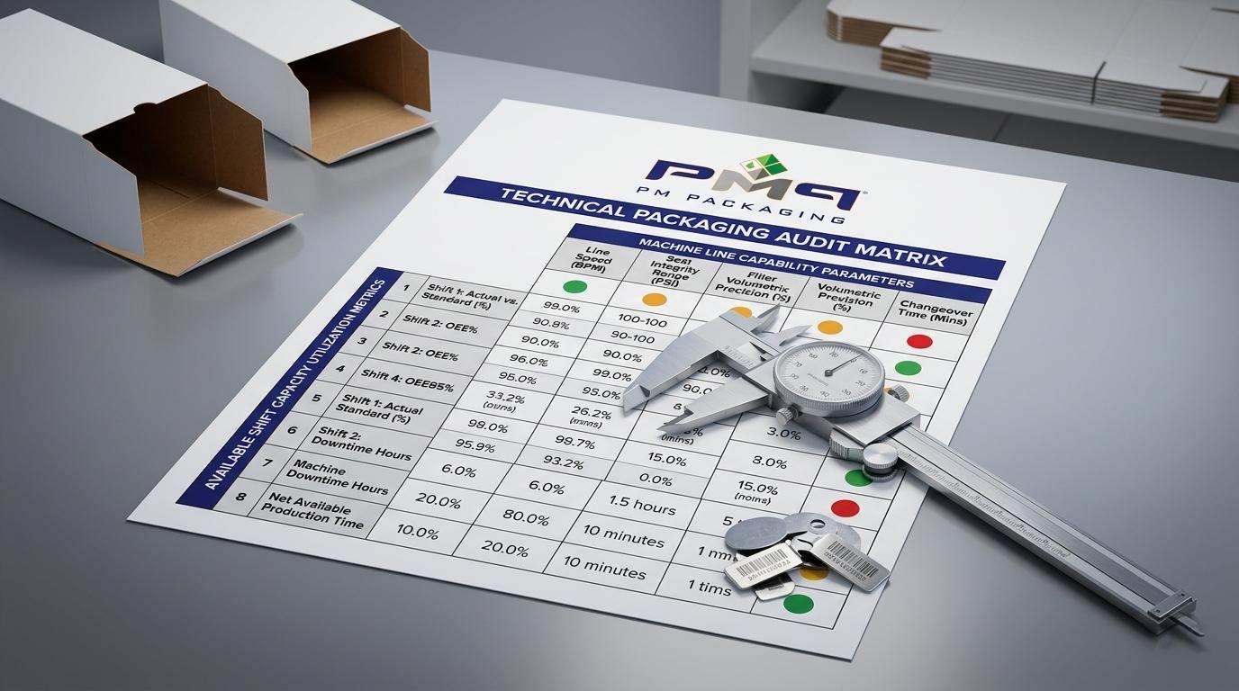 Technical packaging audit matrix comparing machine line capability parameters against available shift capacity utilization metrics with PM Packaging logo