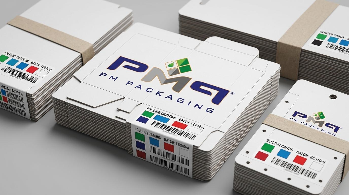 Bundled custom paperboard folding cartons with PM Packaging logo
