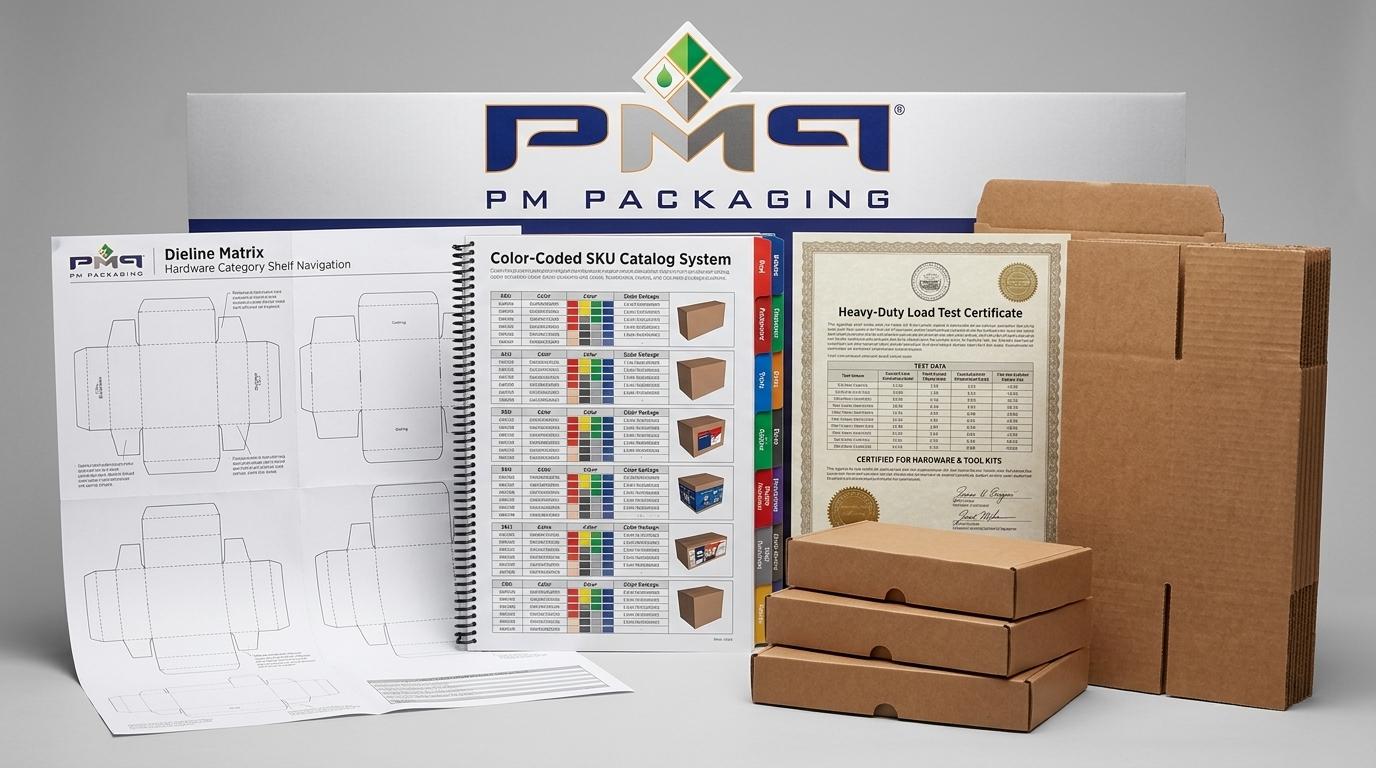 Hardware category shelf navigation dieline matrix, color-coded SKU catalog system sheet, and heavy-duty load test certificate with PM Packaging logo