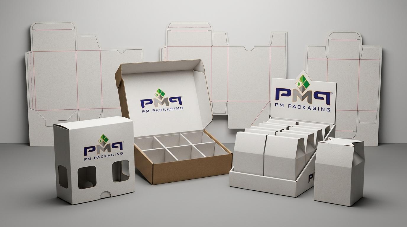 Commercial packaging engineering structures for specialty tea and coffee multi-SKU assortments showing auto-bottom folding carton with windows, open rigid setup box with modular paperboard partitions, retail PDQ tray, and CAD dieline blueprints with PM Packaging branding